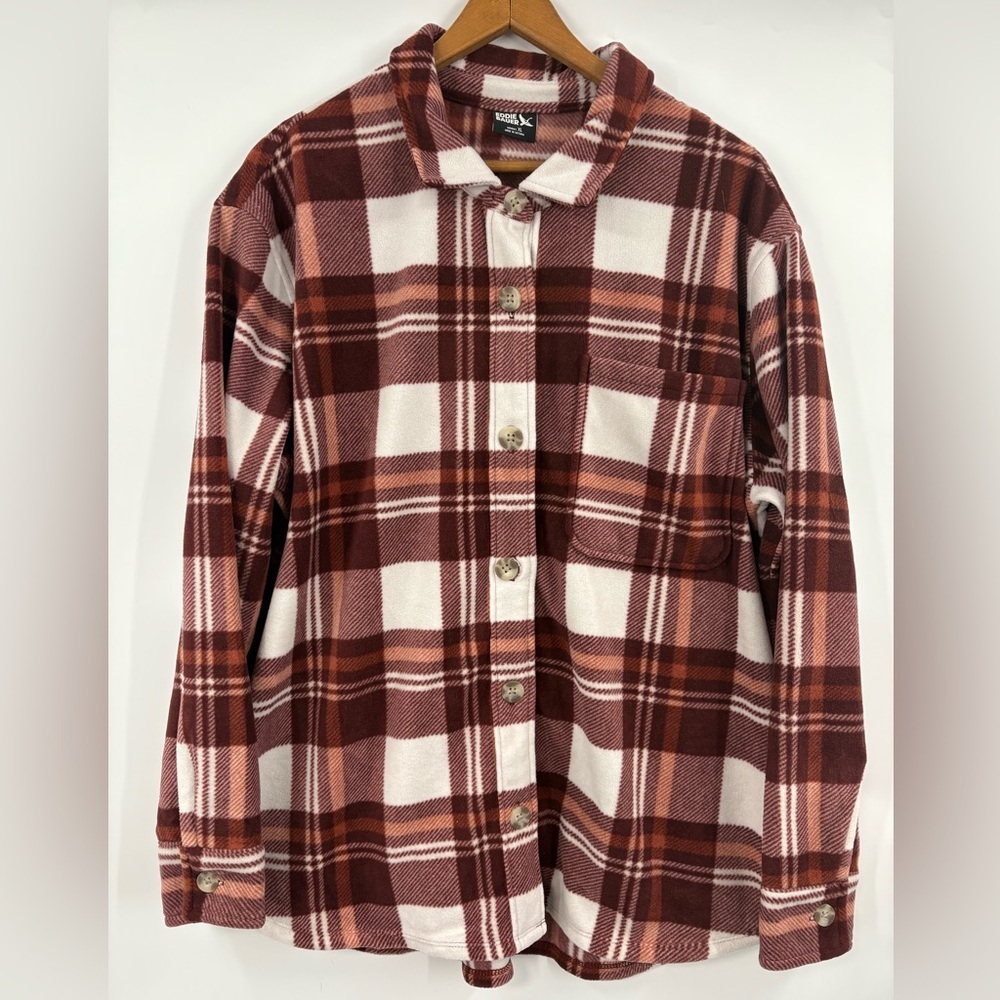 Women’s Eddie Bauer Brown Plaid Microfleece Button Down Shirt Jacket | XL